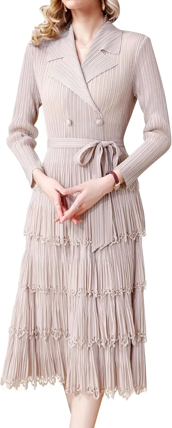 LAI MENG FIVE CATS Women's Pleated V-Neck Stretchy Layered Hem Midi Dress with Belt
