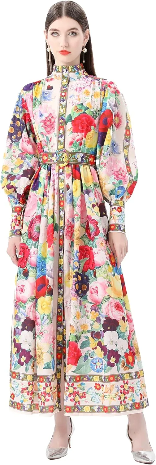 LAI MENG FIVE CATS Women's Puff Sleeves High Collar Floral Printed Buttons Front Slits Flowy Maxi Dress with Belt