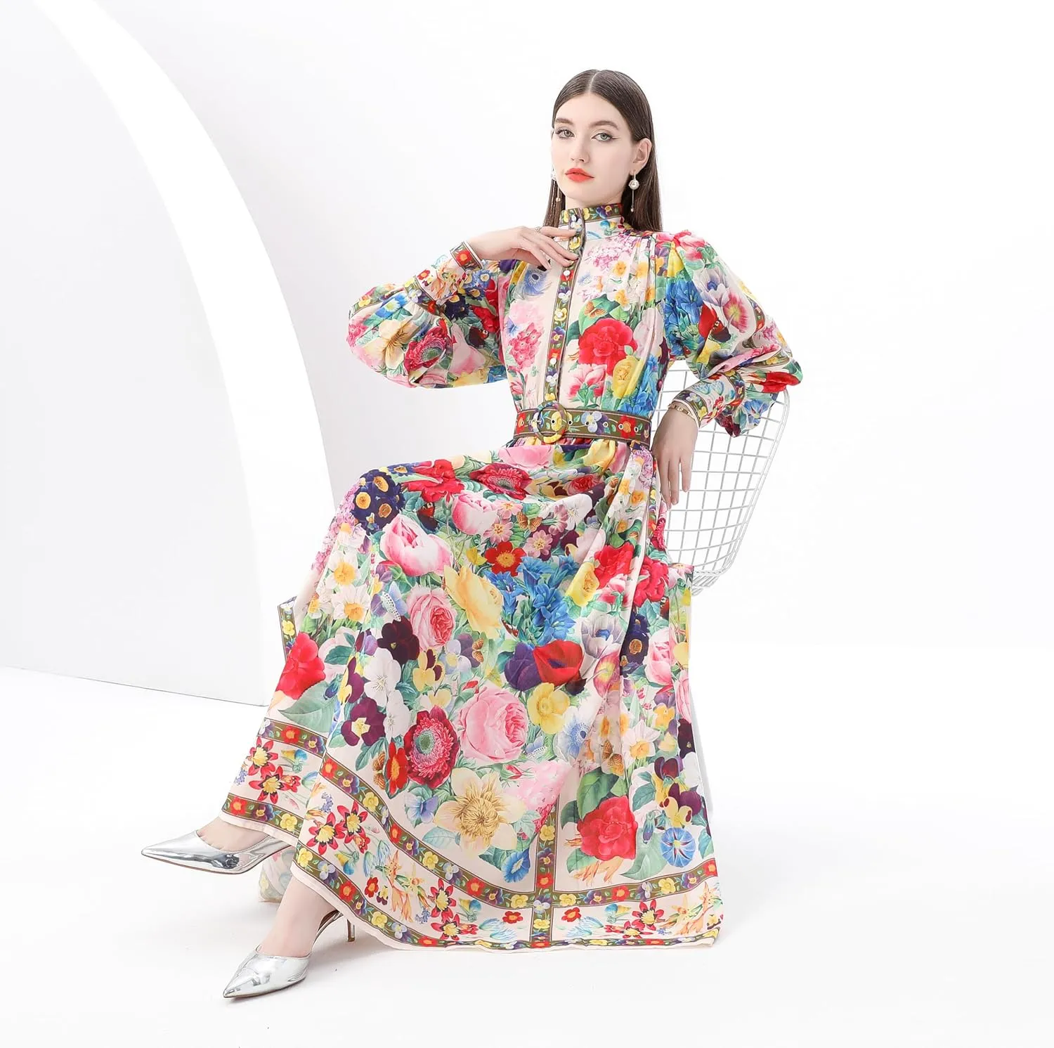 LAI MENG FIVE CATS Women's Puff Sleeves High Collar Floral Printed Buttons Front Slits Flowy Maxi Dress with Belt