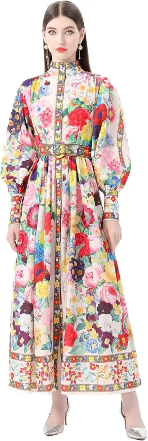 LAI MENG FIVE CATS Women's Puff Sleeves High Collar Floral Printed Buttons Front Slits Flowy Maxi Dress with Belt