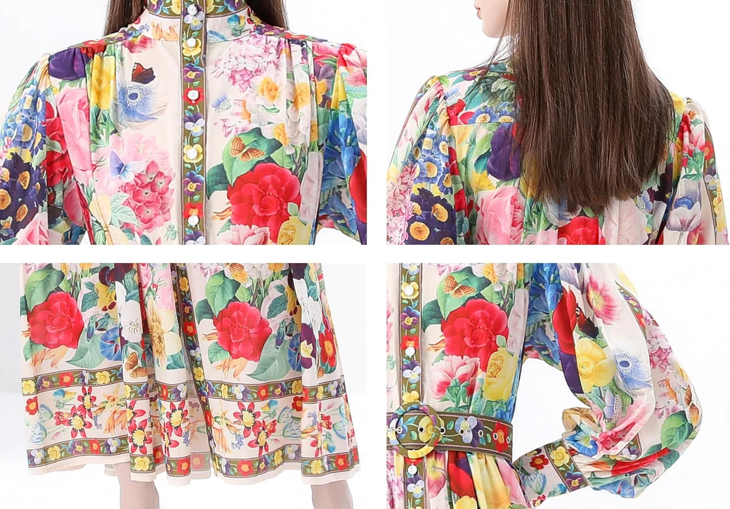 LAI MENG FIVE CATS Women's Puff Sleeves High Collar Floral Printed Buttons Front Slits Flowy Maxi Dress with Belt