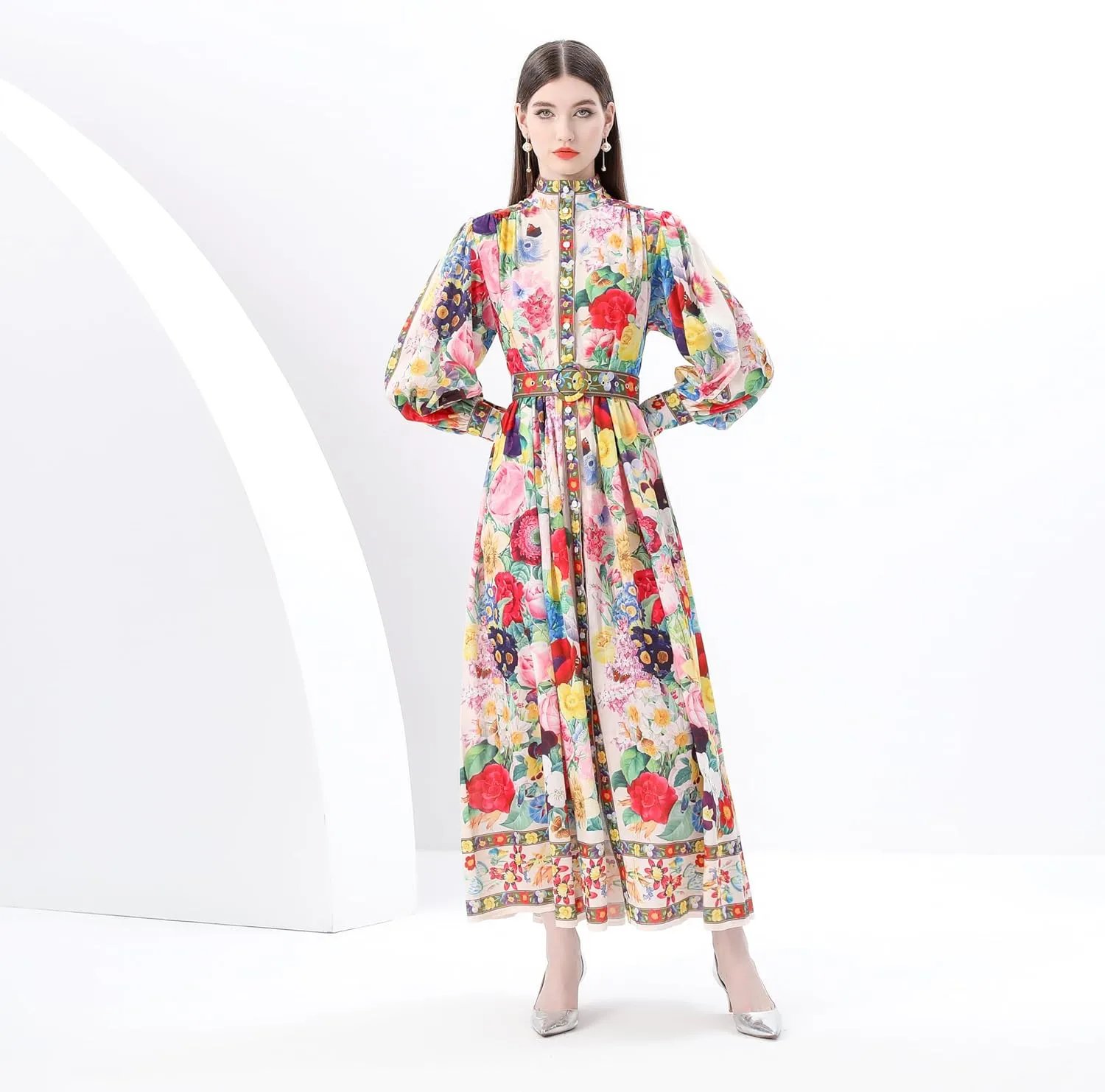 LAI MENG FIVE CATS Women's Puff Sleeves High Collar Floral Printed Buttons Front Slits Flowy Maxi Dress with Belt