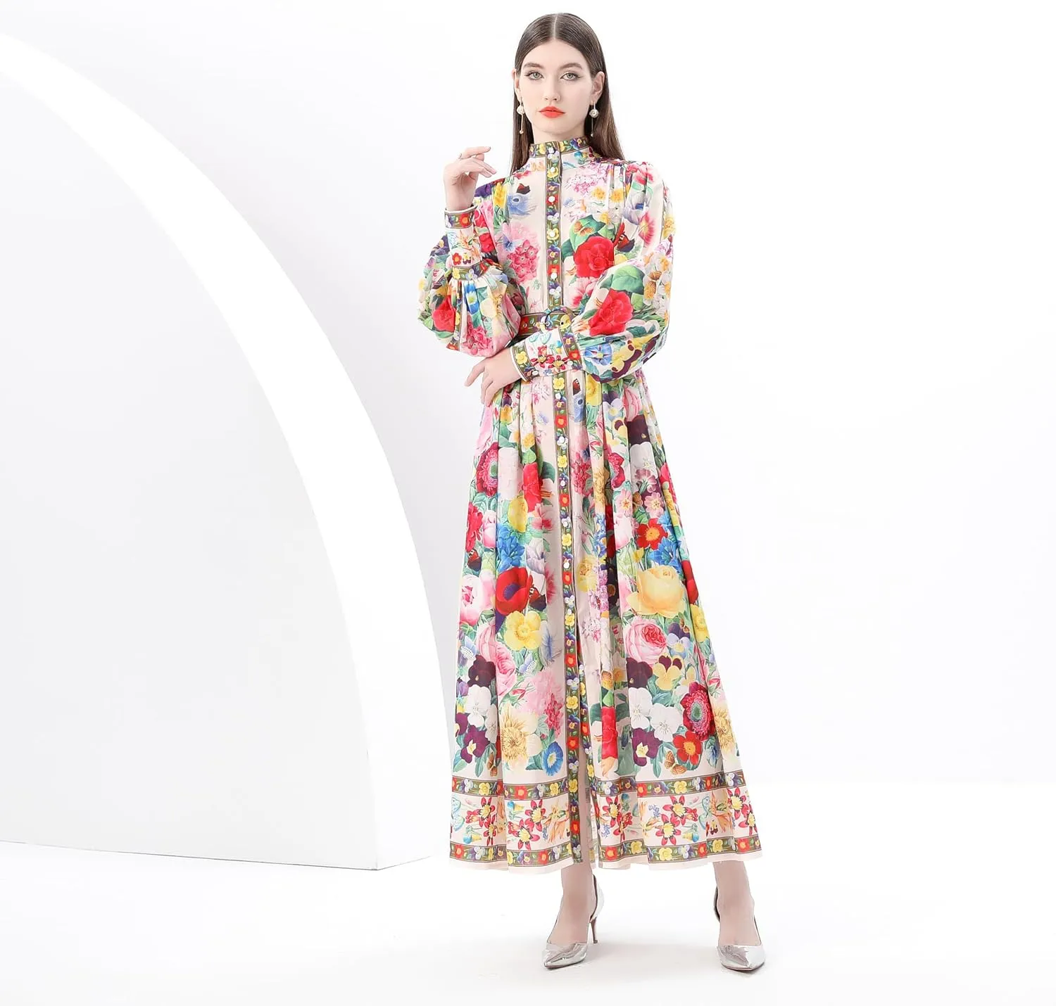 LAI MENG FIVE CATS Women's Puff Sleeves High Collar Floral Printed Buttons Front Slits Flowy Maxi Dress with Belt