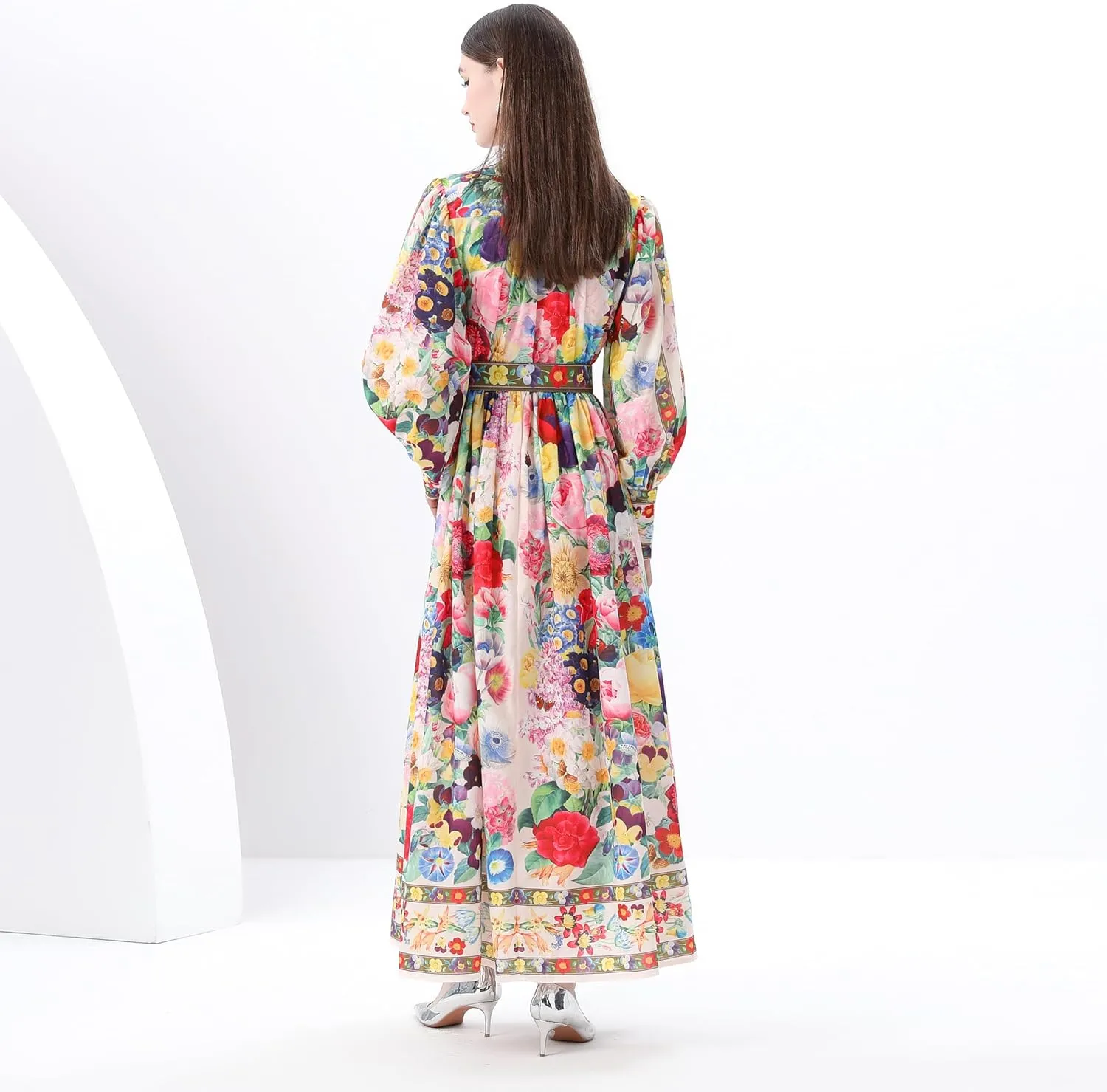 LAI MENG FIVE CATS Women's Puff Sleeves High Collar Floral Printed Buttons Front Slits Flowy Maxi Dress with Belt