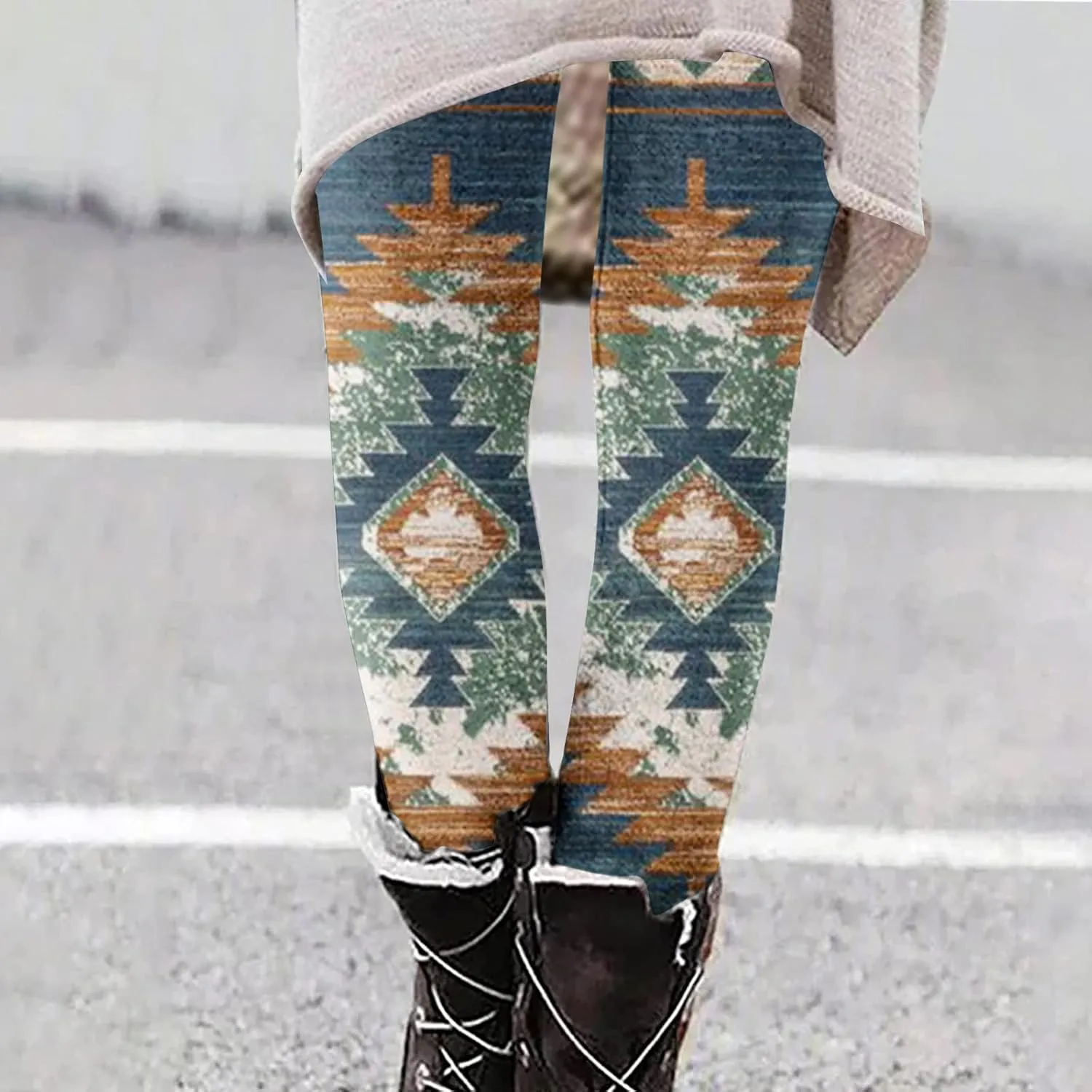 LAWOR Womens Fleece Leggings Denim Printed Casual Boot Leggings Warm High Waisted Fall Winter Pants Trendy Tight Pants