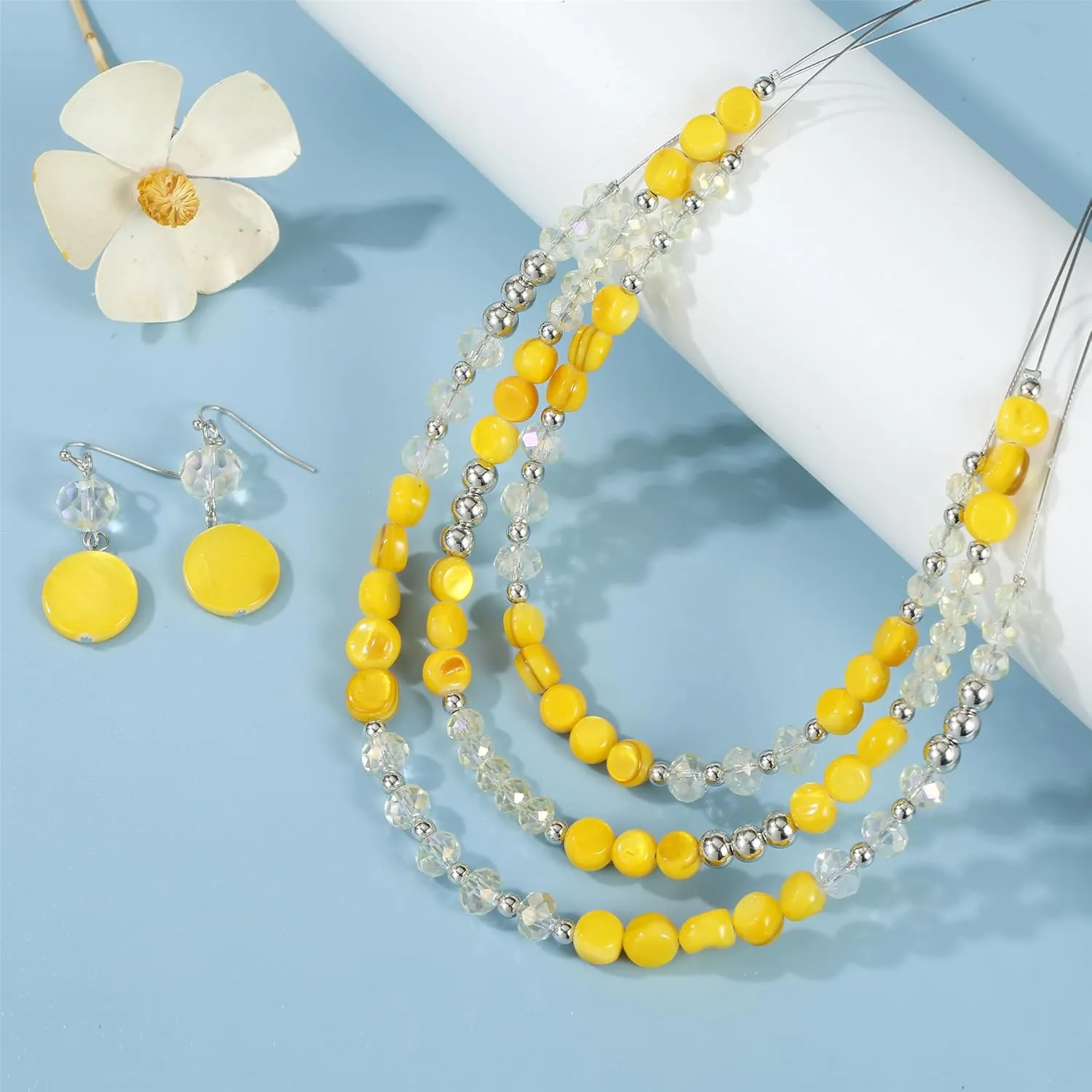 Layered Beaded Statement Necklaces with Earrings Multi Strand Crystal Beads Choker Necklaces for Women Fashion Costume Jewelry Party Gifts