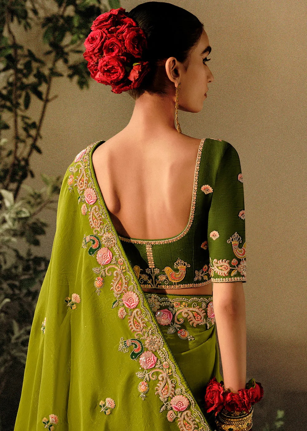 Lime Green Khatli Work Embroidered Designer Wedding Saree