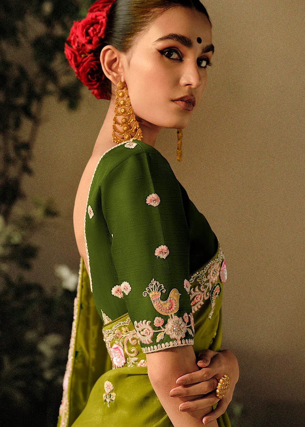 Lime Green Khatli Work Embroidered Designer Wedding Saree