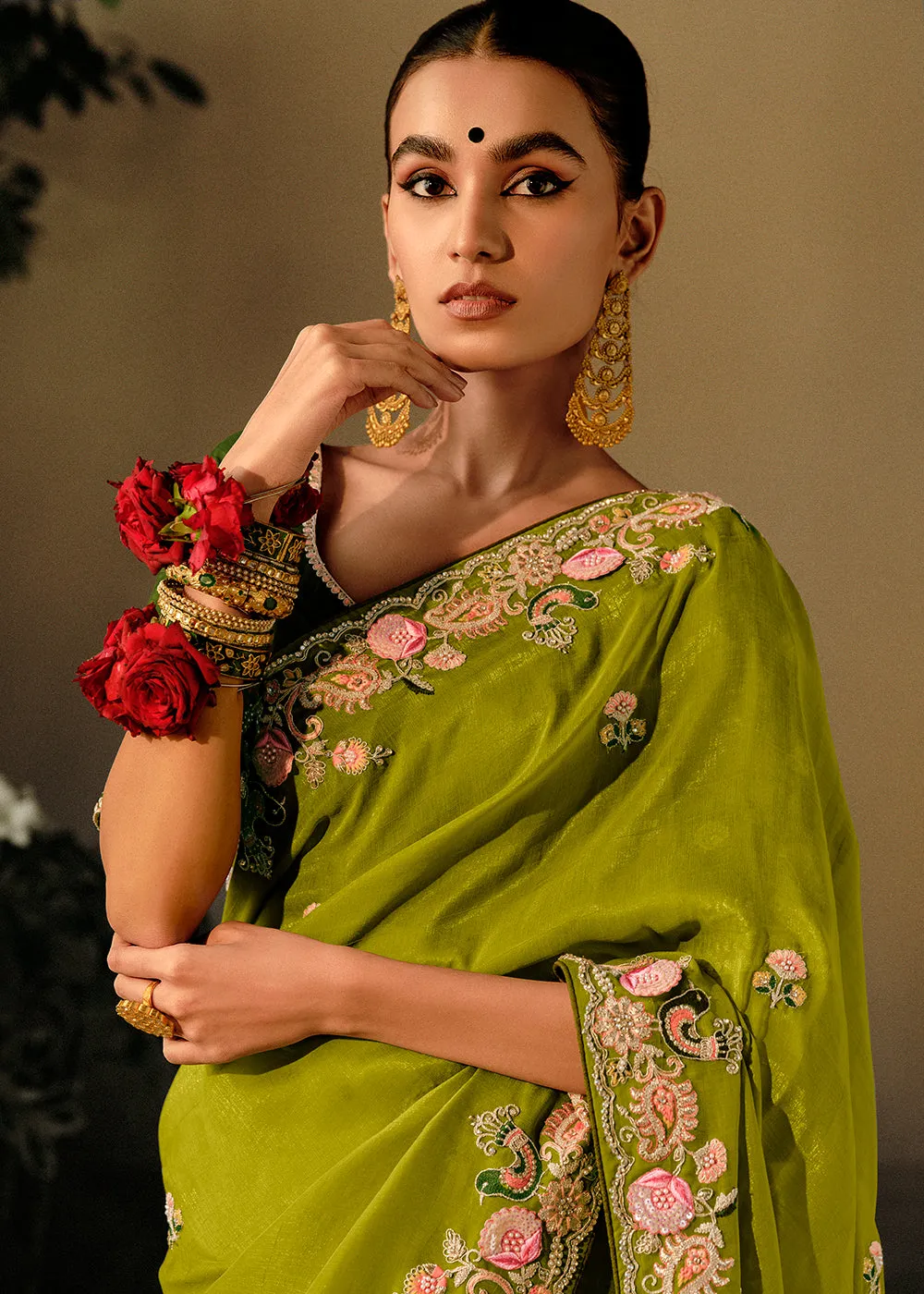 Lime Green Khatli Work Embroidered Designer Wedding Saree