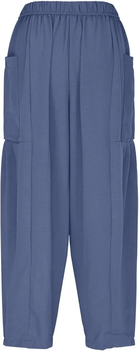 Linen Harem Pants Women Cropped Wide Leg Palazzo Pants Summer Capri Pants Elastic Waist Beach Pants with Pockets