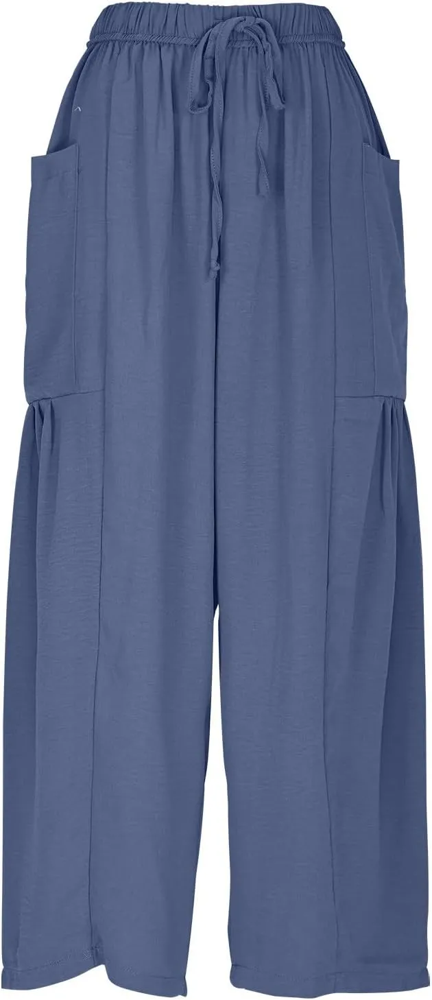 Linen Harem Pants Women Cropped Wide Leg Palazzo Pants Summer Capri Pants Elastic Waist Beach Pants with Pockets