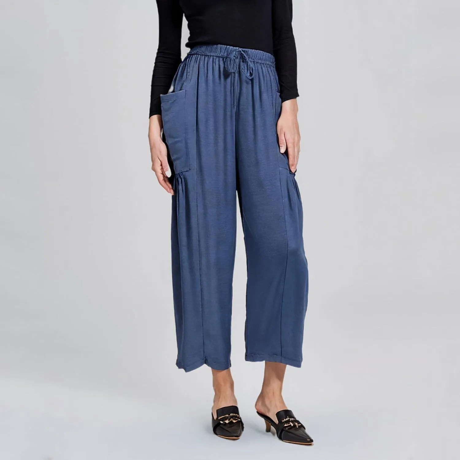 Linen Harem Pants Women Cropped Wide Leg Palazzo Pants Summer Capri Pants Elastic Waist Beach Pants with Pockets