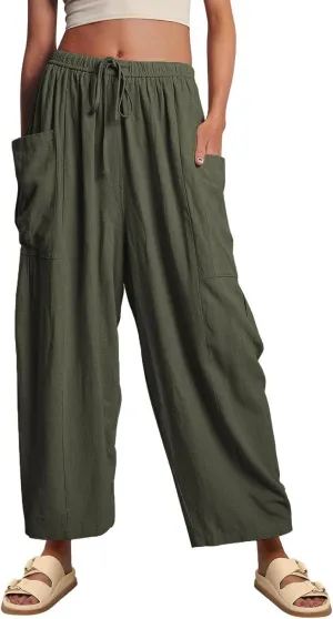 Linen Pants for Women Casual High Waisted Wide Leg Pants Drawstring Palazzo Pants Linen Harem Pants with Pockets