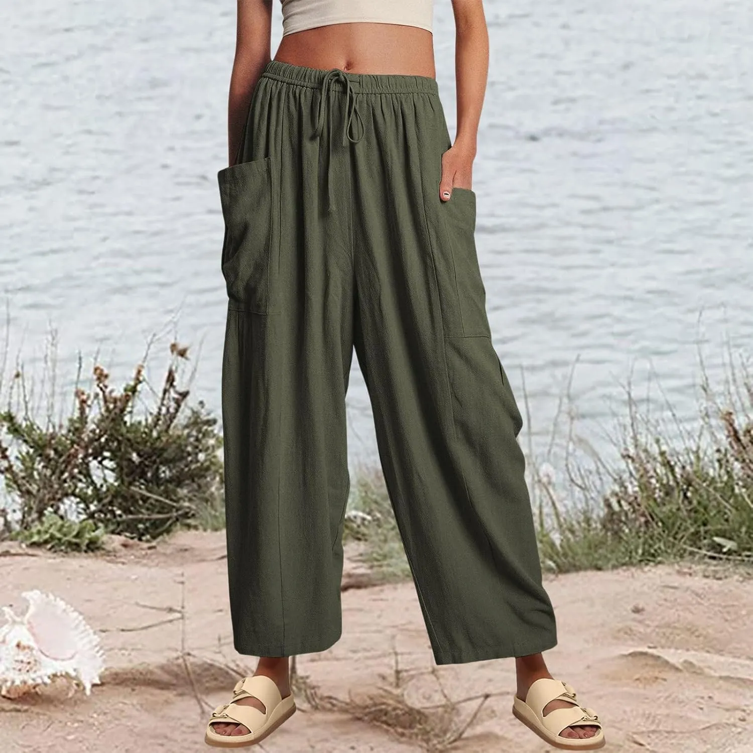 Linen Pants for Women Casual High Waisted Wide Leg Pants Drawstring Palazzo Pants Linen Harem Pants with Pockets
