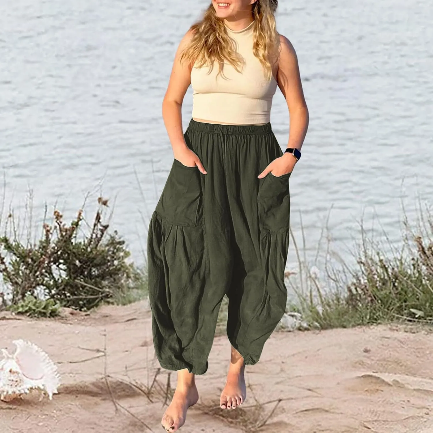 Linen Pants for Women Casual High Waisted Wide Leg Pants Drawstring Palazzo Pants Linen Harem Pants with Pockets
