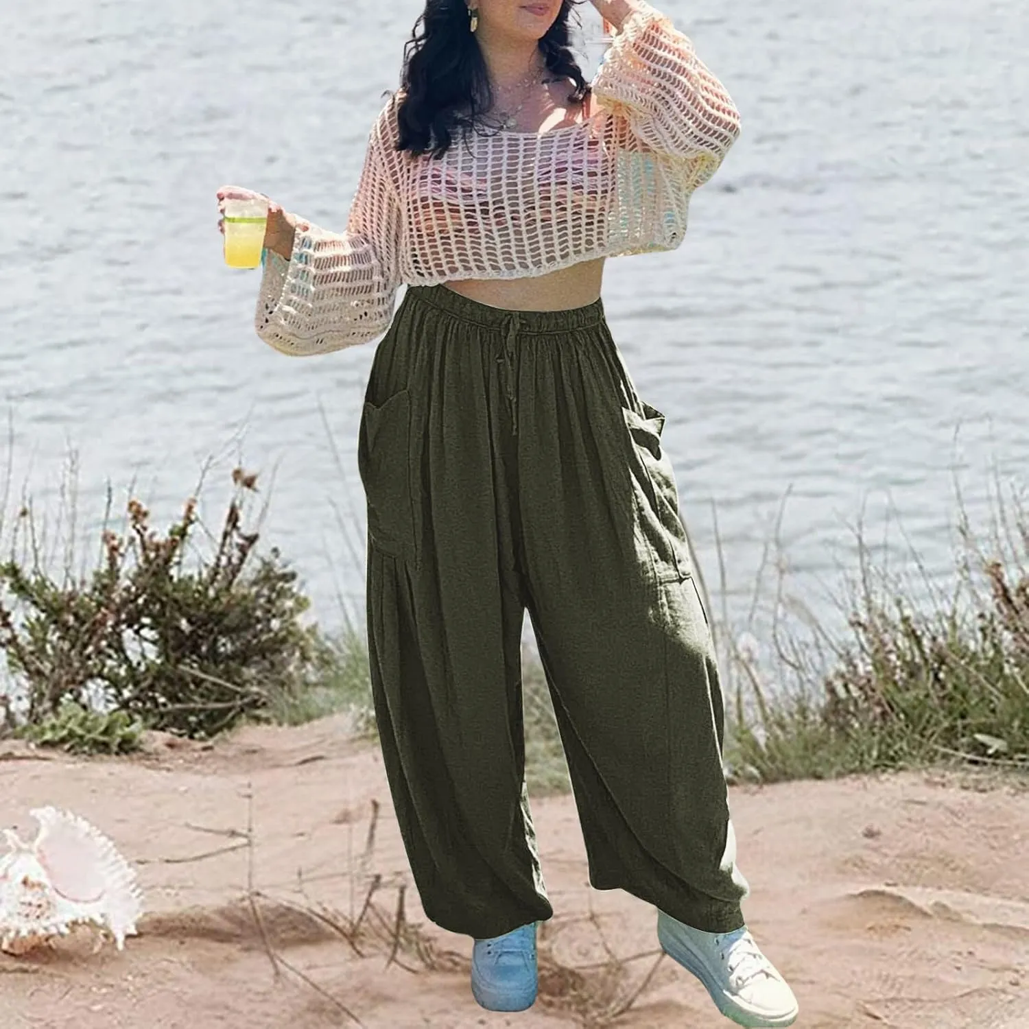 Linen Pants for Women Casual High Waisted Wide Leg Pants Drawstring Palazzo Pants Linen Harem Pants with Pockets