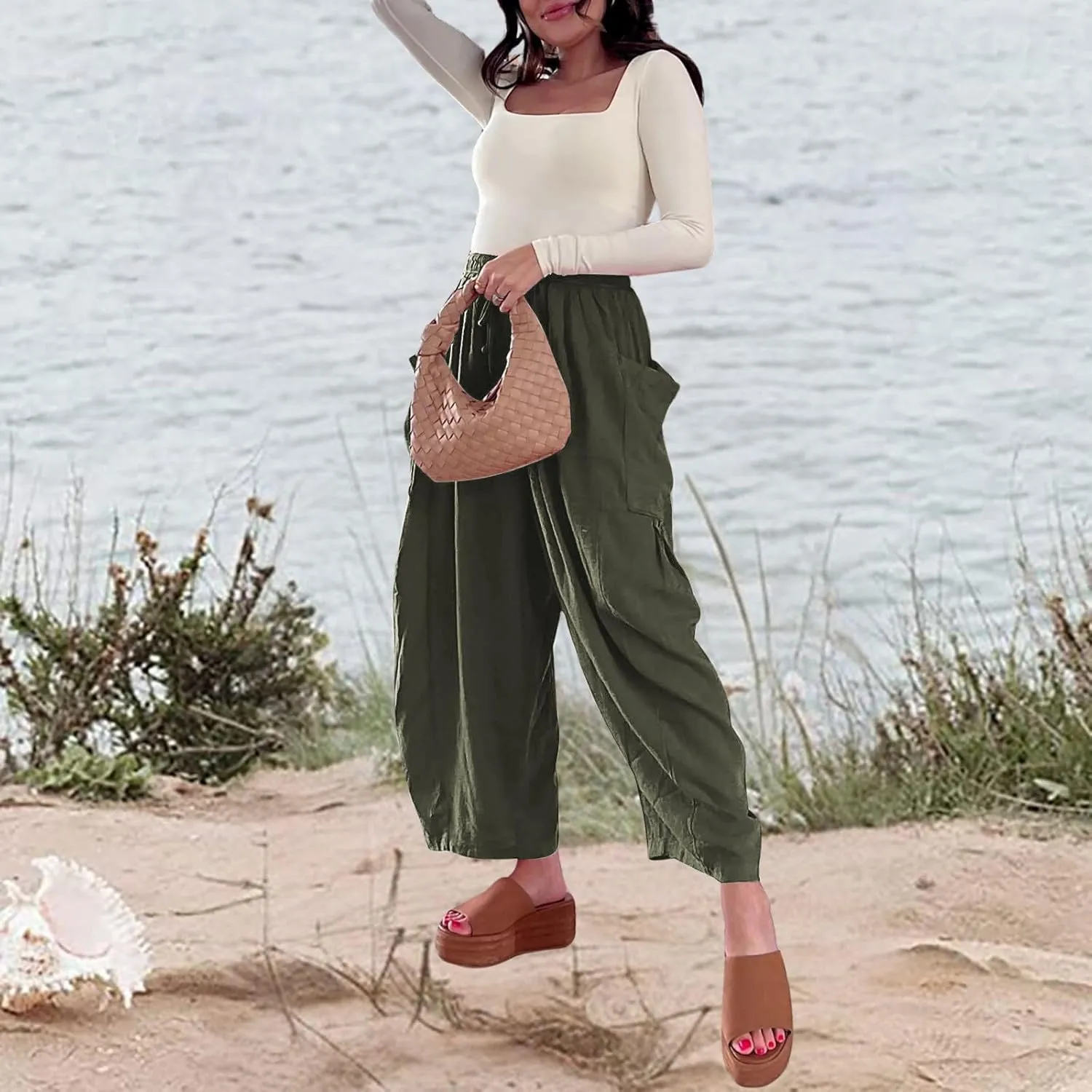 Linen Pants for Women Casual High Waisted Wide Leg Pants Drawstring Palazzo Pants Linen Harem Pants with Pockets