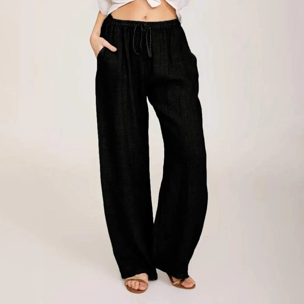 Linen Pants Women Loose Wide Leg Pants Drawstring Waist Lounge Pants Plus Size Casual Palazzo Pants Trouser Pockets