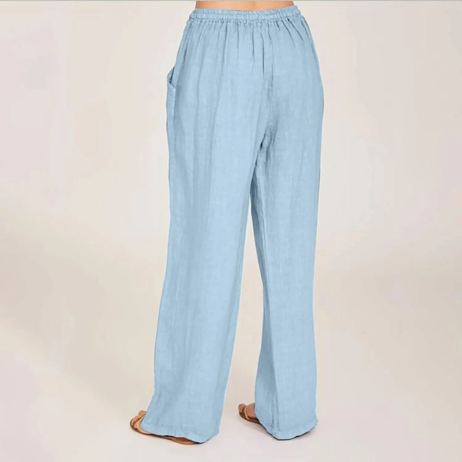 Linen Pants Women Loose Wide Leg Pants Drawstring Waist Lounge Pants Plus Size Casual Palazzo Pants Trouser Pockets