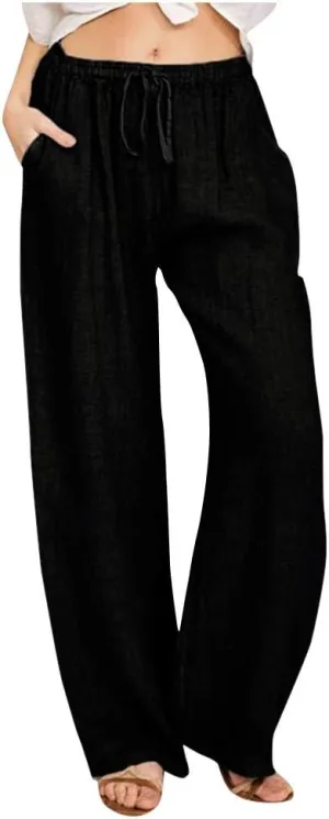 Linen Pants Women Loose Wide Leg Pants Drawstring Waist Lounge Pants Plus Size Casual Palazzo Pants Trouser Pockets