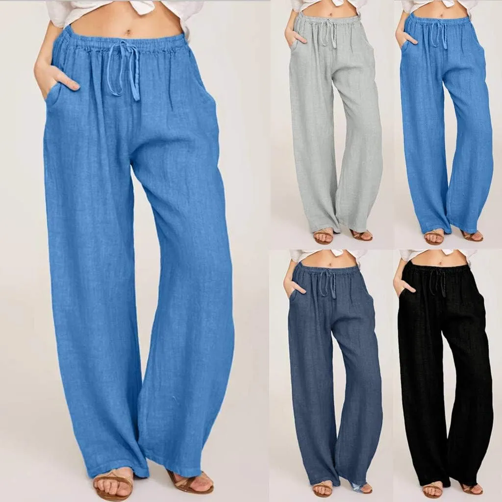 Linen Pants Women Loose Wide Leg Pants Drawstring Waist Lounge Pants Plus Size Casual Palazzo Pants Trouser Pockets