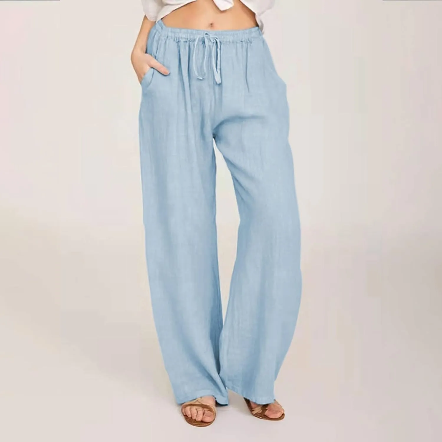 Linen Pants Women Loose Wide Leg Pants Drawstring Waist Lounge Pants Plus Size Casual Palazzo Pants Trouser Pockets