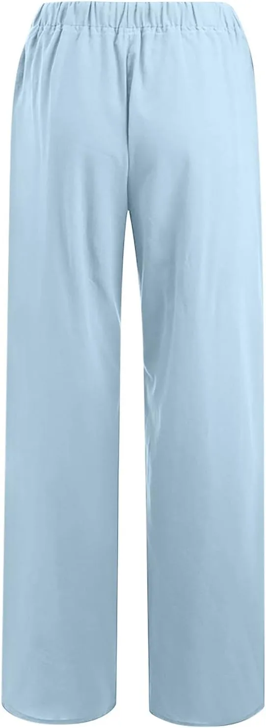 Linen Pants Women Loose Wide Leg Pants Drawstring Waist Lounge Pants Plus Size Casual Palazzo Pants Trouser Pockets