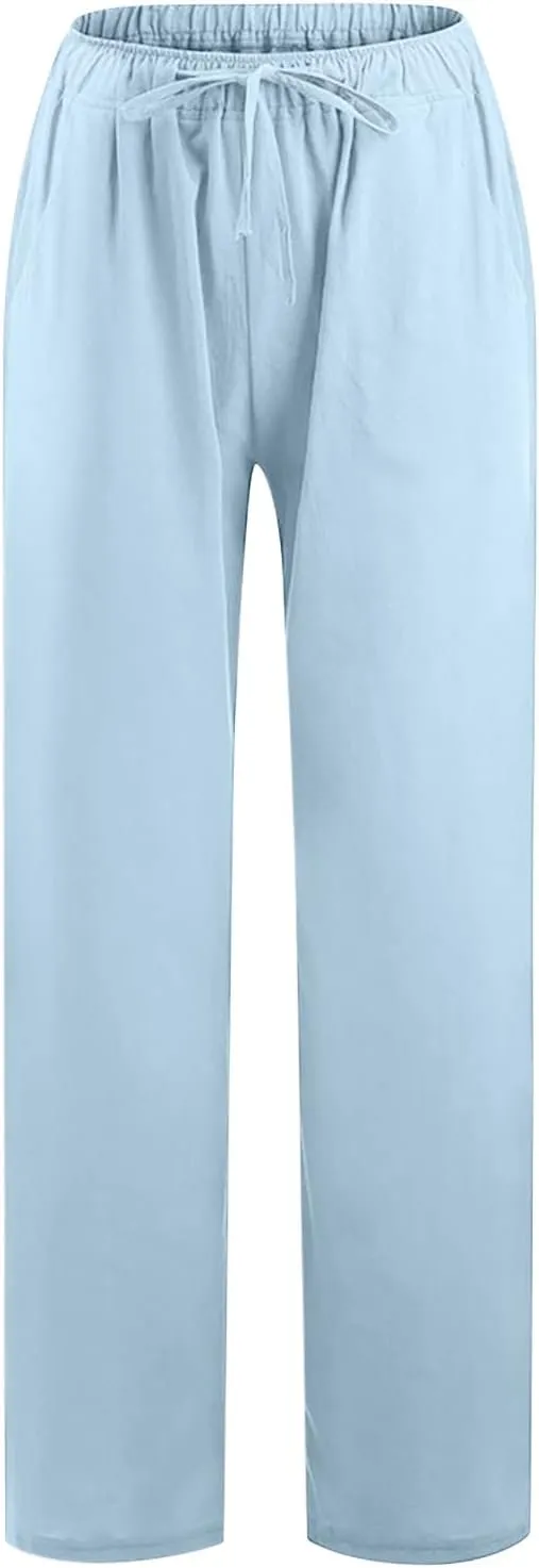 Linen Pants Women Loose Wide Leg Pants Drawstring Waist Lounge Pants Plus Size Casual Palazzo Pants Trouser Pockets