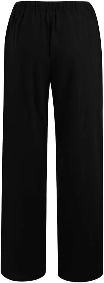 Linen Pants Women Loose Wide Leg Pants Drawstring Waist Lounge Pants Plus Size Casual Palazzo Pants Trouser Pockets