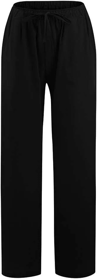 Linen Pants Women Loose Wide Leg Pants Drawstring Waist Lounge Pants Plus Size Casual Palazzo Pants Trouser Pockets