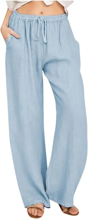 Linen Pants Women Loose Wide Leg Pants Drawstring Waist Lounge Pants Plus Size Casual Palazzo Pants Trouser Pockets