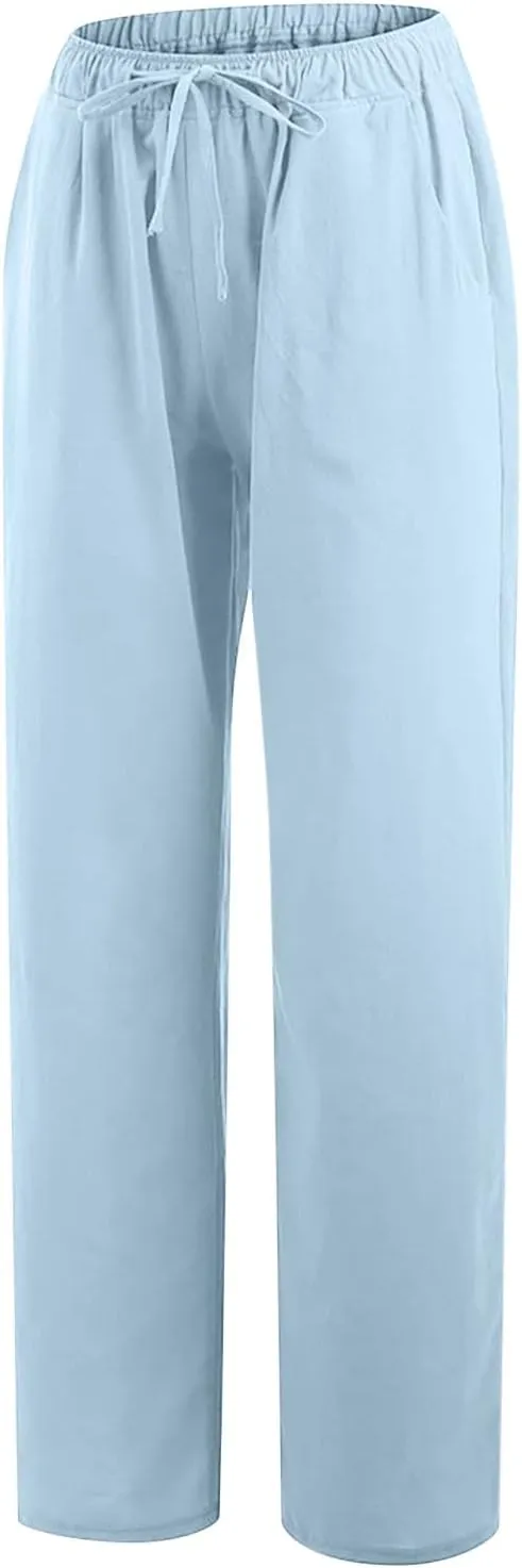Linen Pants Women Loose Wide Leg Pants Drawstring Waist Lounge Pants Plus Size Casual Palazzo Pants Trouser Pockets