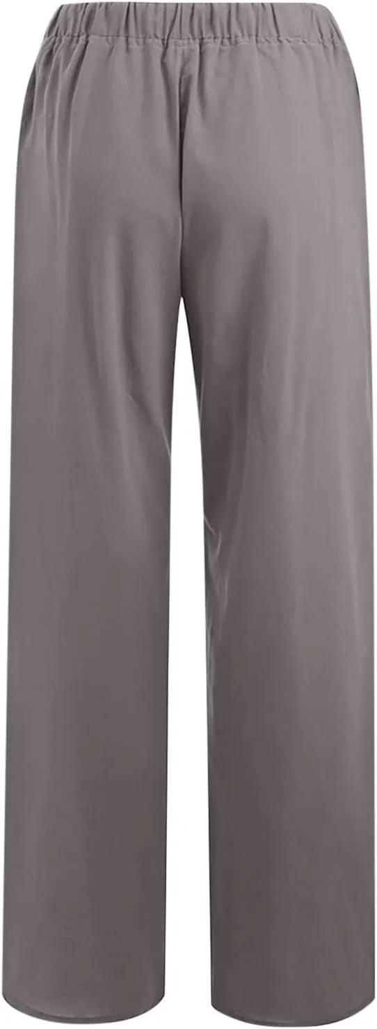 Linen Pants Women Summer Palazzo Pants Flowy Wide Leg Beach Pants with Pockets Drawstring Loose Fit Yoga Pants