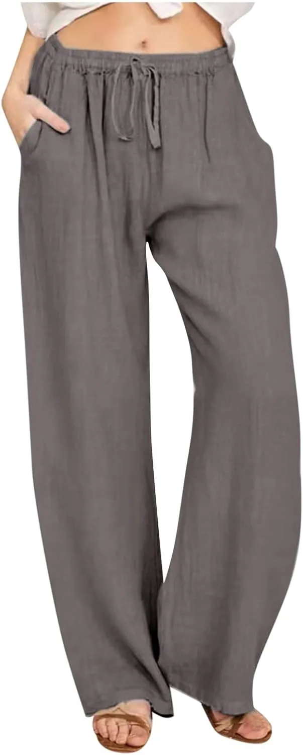 Linen Pants Women Summer Palazzo Pants Flowy Wide Leg Beach Pants with Pockets Drawstring Loose Fit Yoga Pants