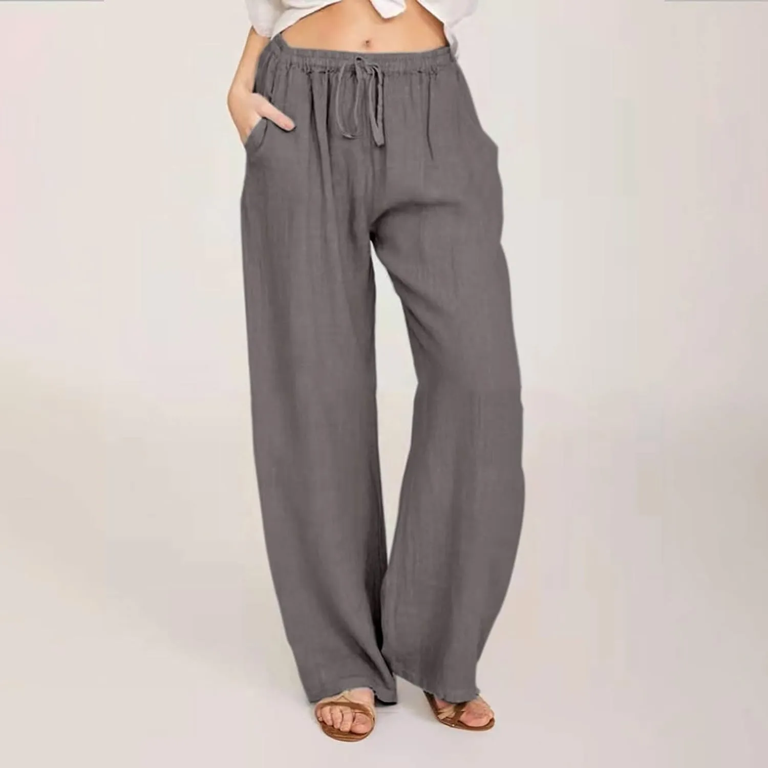 Linen Pants Women Summer Palazzo Pants Flowy Wide Leg Beach Pants with Pockets Drawstring Loose Fit Yoga Pants