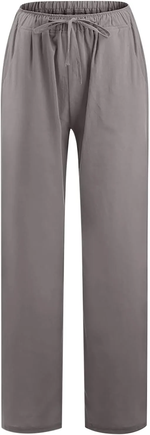 Linen Pants Women Summer Palazzo Pants Flowy Wide Leg Beach Pants with Pockets Drawstring Loose Fit Yoga Pants
