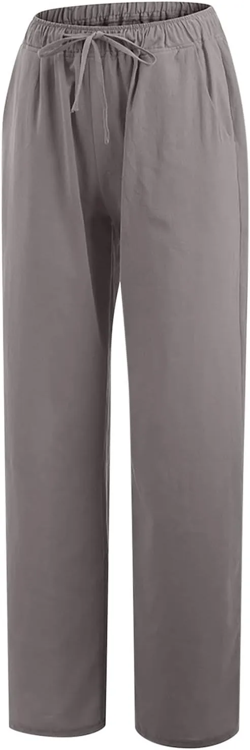 Linen Pants Women Summer Palazzo Pants Flowy Wide Leg Beach Pants with Pockets Drawstring Loose Fit Yoga Pants