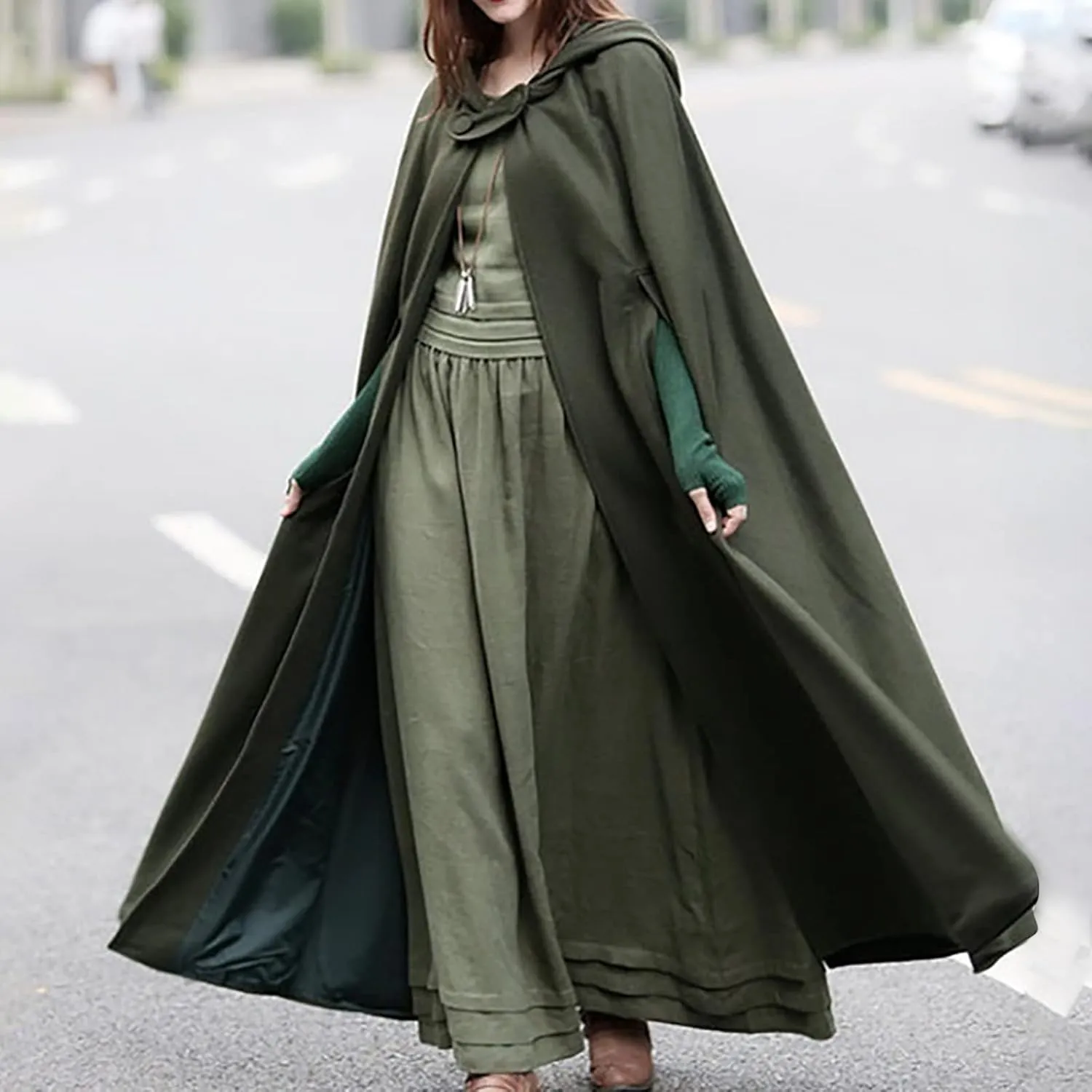 Long Hooded Cloak for Women Winter Jackets Wool Blend Pea Coats Split Fork Outerwear Long Poncho Cape Coat