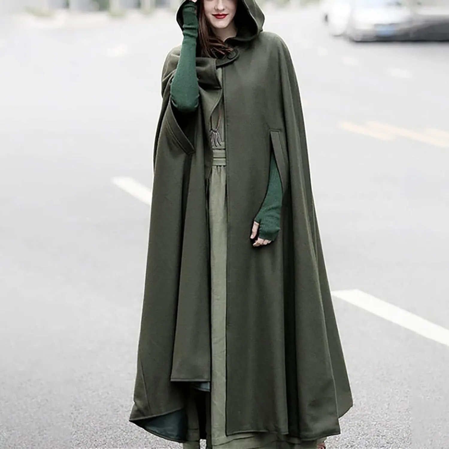 Long Hooded Cloak for Women Winter Jackets Wool Blend Pea Coats Split Fork Outerwear Long Poncho Cape Coat