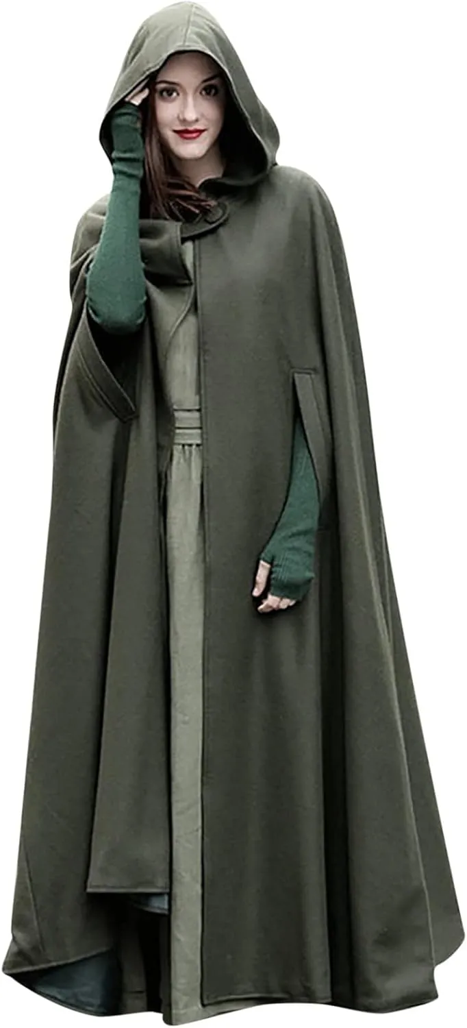 Long Hooded Cloak for Women Winter Jackets Wool Blend Pea Coats Split Fork Outerwear Long Poncho Cape Coat