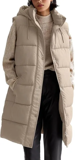 Long Puffer Vest for Women Oversized Zip Up Hooded Jacket Coat Puffer Down Coat Thickened Winter Warm Jacket