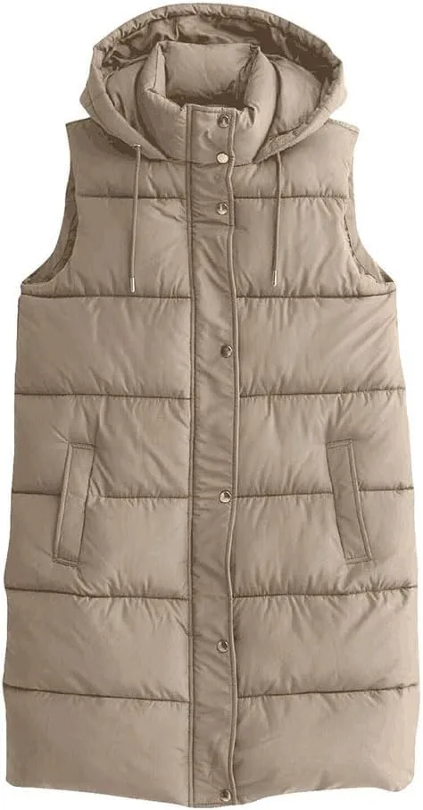 Long Puffer Vest for Women Oversized Zip Up Hooded Jacket Coat Puffer Down Coat Thickened Winter Warm Jacket