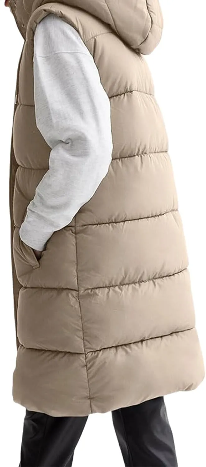 Long Puffer Vest for Women Oversized Zip Up Hooded Jacket Coat Puffer Down Coat Thickened Winter Warm Jacket