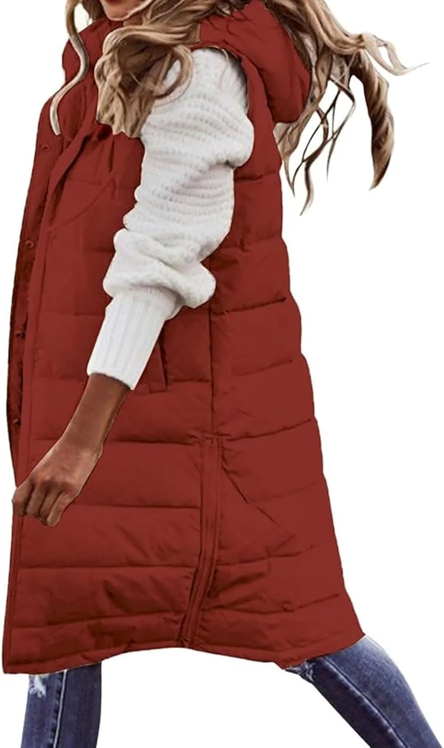 Long Puffer Vest Winter Coat Vest Hooded Sleeveless Warm Cotton Coat with Pockets Vest Cotton Quilted Down Hoodies