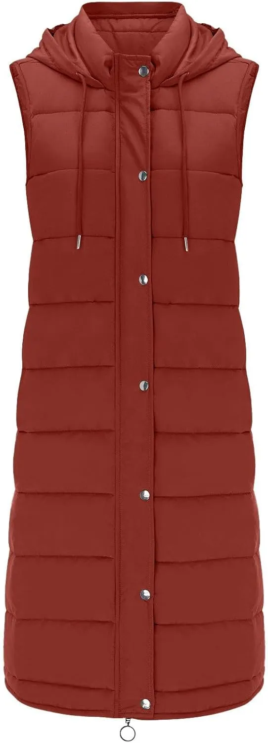 Long Puffer Vest Winter Coat Vest Hooded Sleeveless Warm Cotton Coat with Pockets Vest Cotton Quilted Down Hoodies