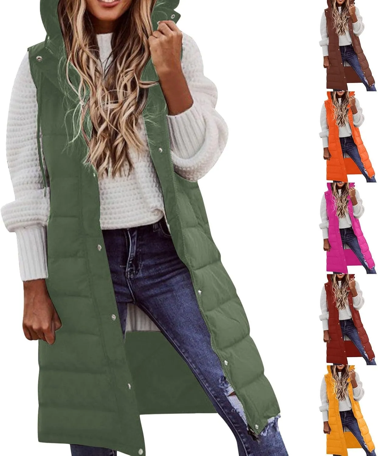 Long Puffer Vest Winter Coat Vest Hooded Sleeveless Warm Cotton Coat with Pockets Vest Cotton Quilted Down Hoodies
