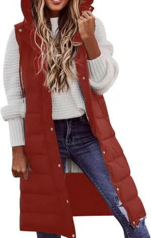 Long Puffer Vest Winter Coat Vest Hooded Sleeveless Warm Cotton Coat with Pockets Vest Cotton Quilted Down Hoodies