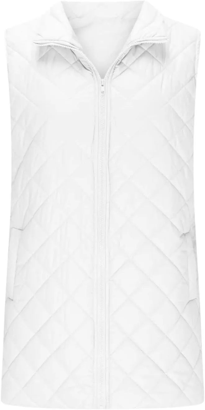 Long Puffer Vest Women Lightweight Quilted Sleeveless Stand Collar Zip Up Puffy Jacket with Pockets Winter Outerwear