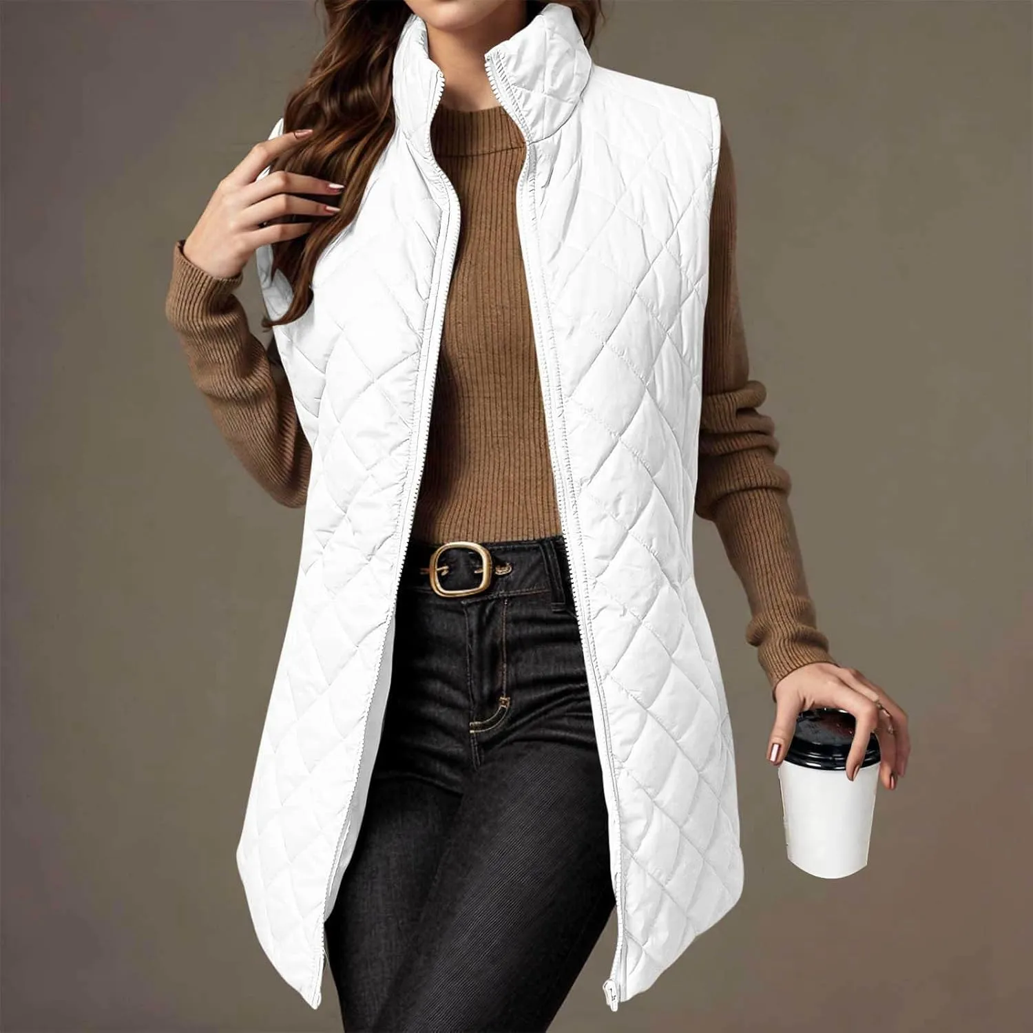 Long Puffer Vest Women Lightweight Quilted Sleeveless Stand Collar Zip Up Puffy Jacket with Pockets Winter Outerwear