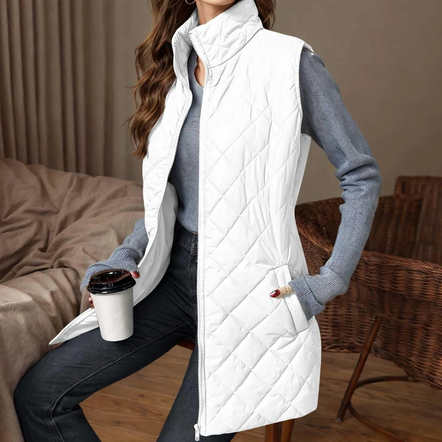 Long Puffer Vest Women Lightweight Quilted Sleeveless Stand Collar Zip Up Puffy Jacket with Pockets Winter Outerwear